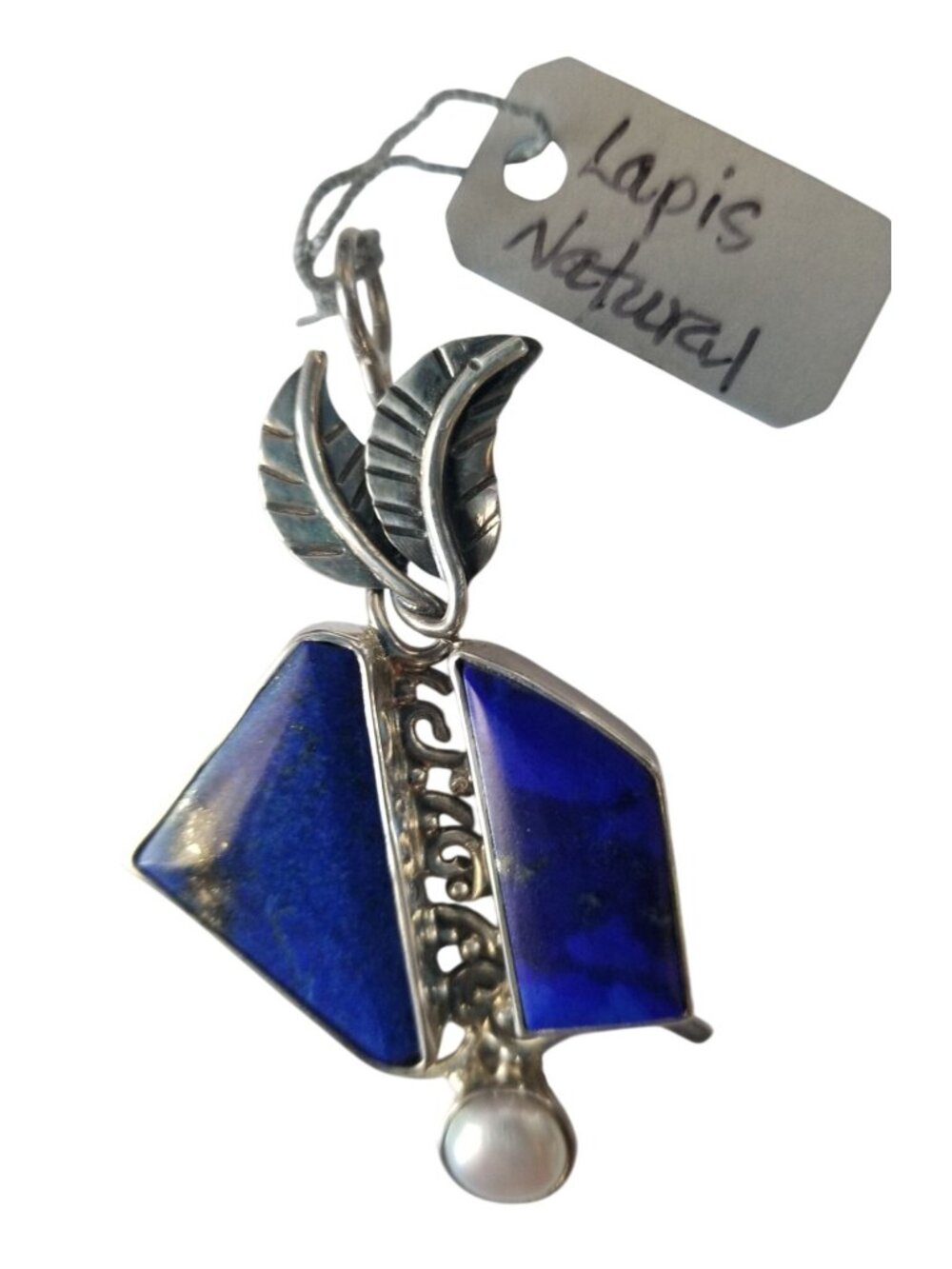 Pendant Lapis Natural Pearl 8 mm  2 Leaves 15 x 8 mm Accents Silver 11.6 Gr